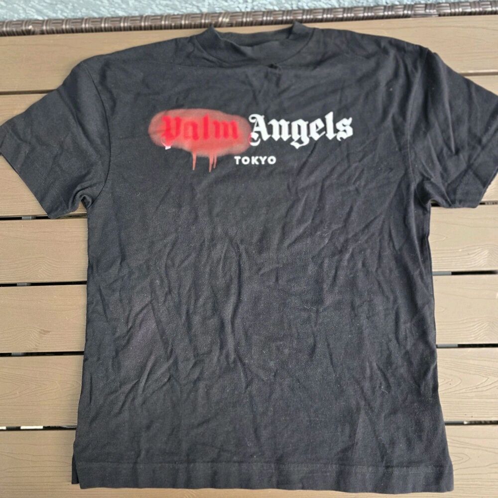Palm Angels Black Tokyo Sprayed Logo Cotton Knit T-Shirt Size S